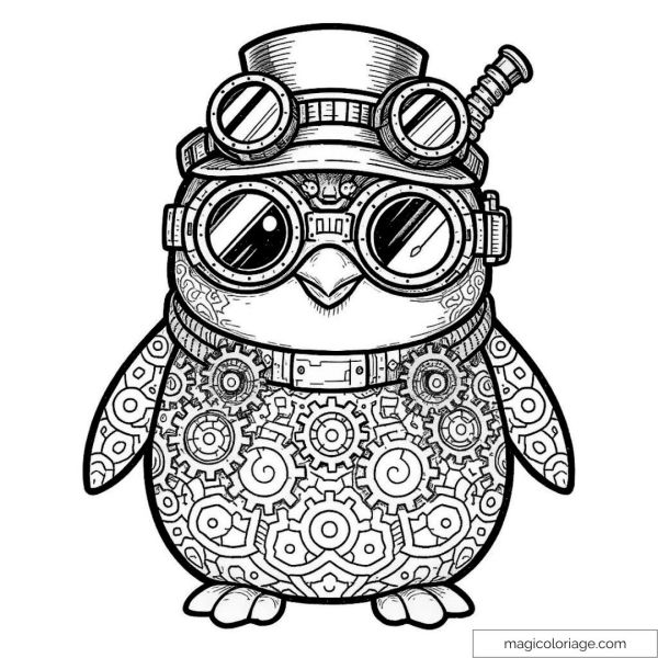 Steampunk penguin drawing with gears and goggles
