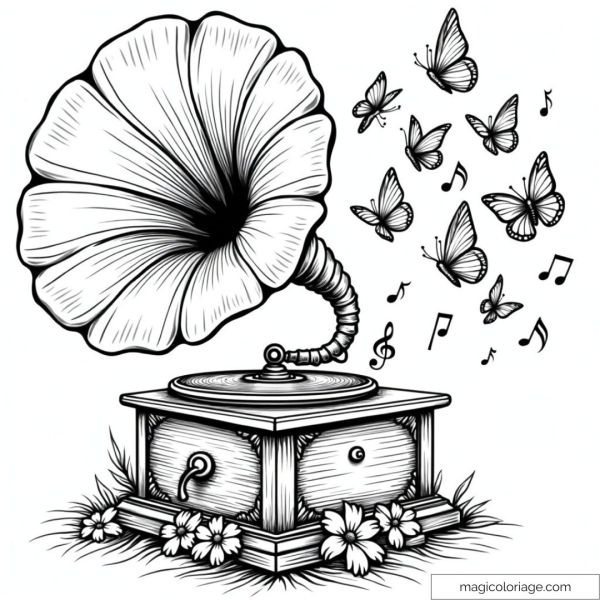 Retro gramophone surrounded by butterflies and musical notes.