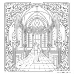 Coloriage d'un couple de mariés dans une cathédrale gothique avec des détails floraux.