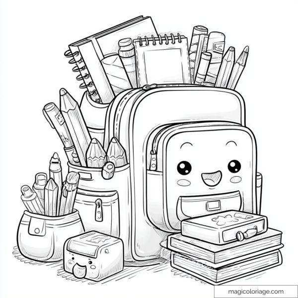 Drawing of a kawaii backpack surrounded by funny and smiling school supplies.