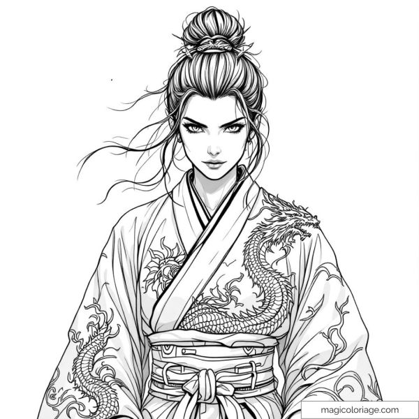Woman in traditional kimono with dragon motifs