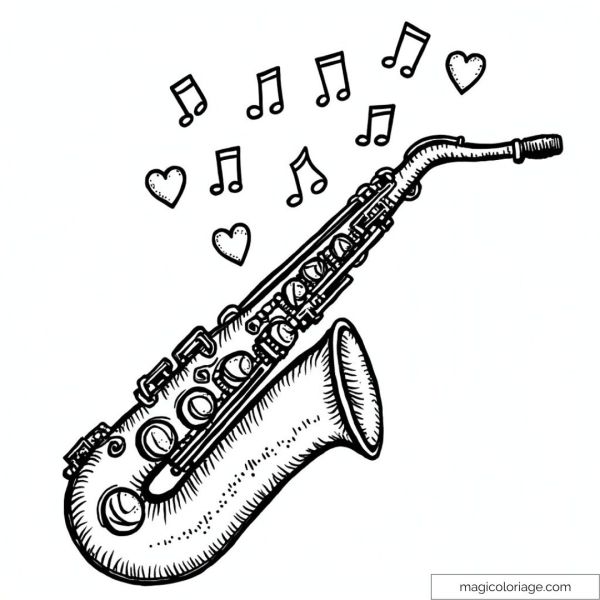 Saxophone drawing with musical notes and hearts to color for children and adults.