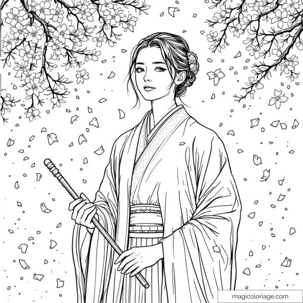 Woman in kimono in a cherry blossom garden
