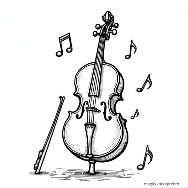 Coloring page of a cello with floating musical notes.