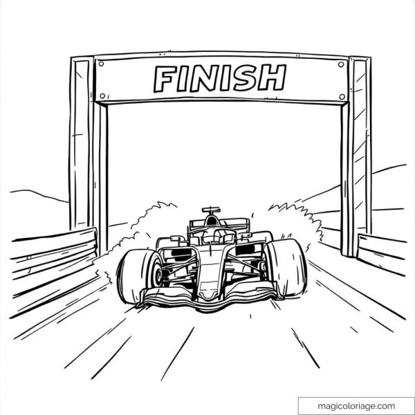Dessin de voiture de course franchissant la ligne d'arrivée à colorier.