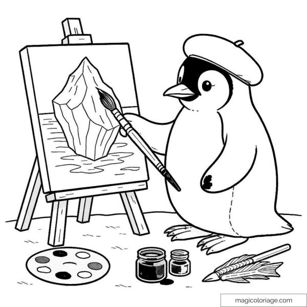 Penguin with beret painting an iceberg on an easel.