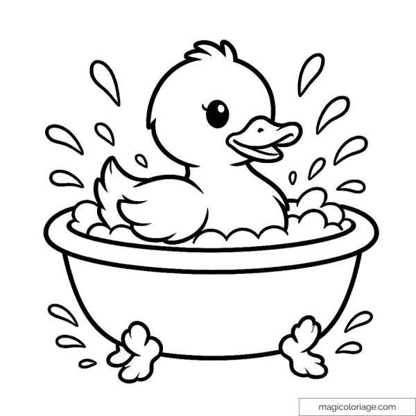 Cute duckling drawing in a bath with water splashing