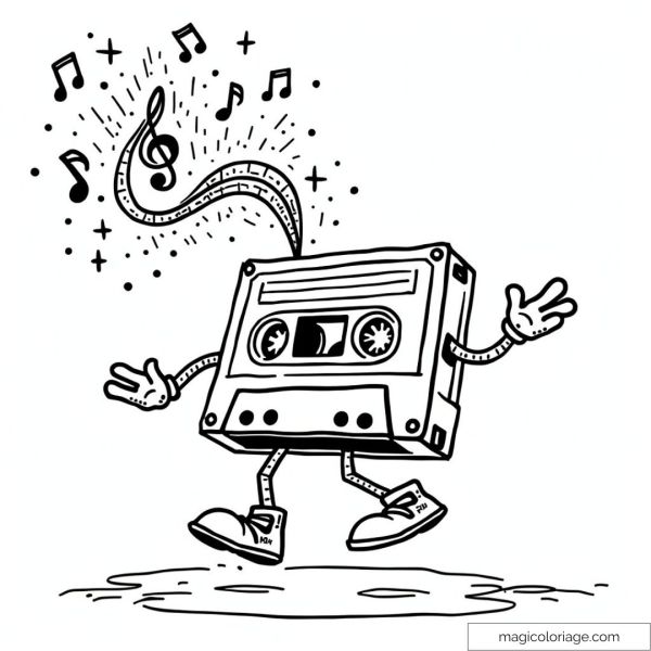 Dancing cassette with cheerful musical notes
