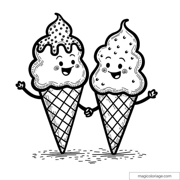 Two smiling ice cream cones holding hands