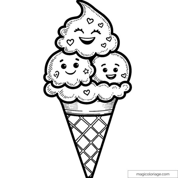 Cute ice cream cone image with smiley faces and heart patterns.