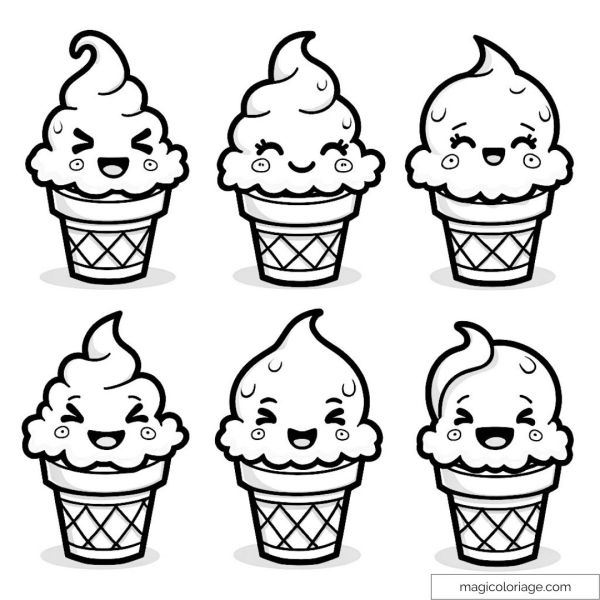 Six kawaii ice creams with funny expressions