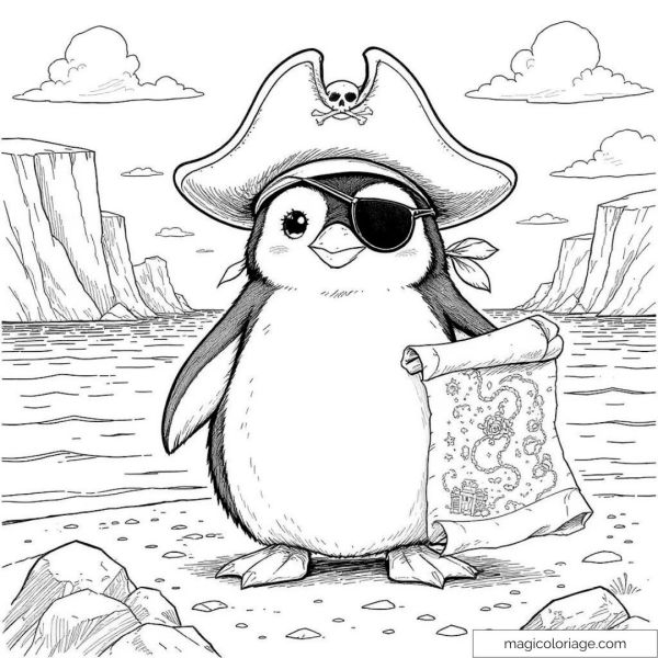 Pirate penguin with hat and map by the sea