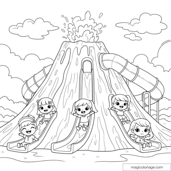 Enfants glissant sur toboggan volcan avec éruption ludique.