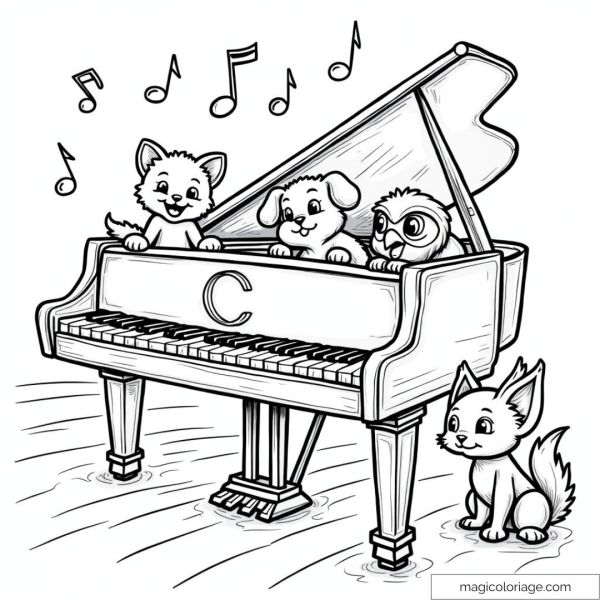 Drawing of cute animals playing piano with musical notes.