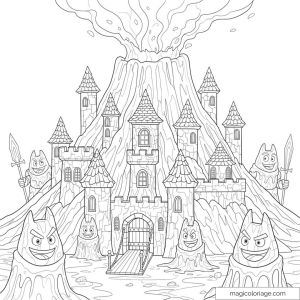 Château médiéval avec volcans et créatures mythiques à colorier.