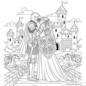 Chevalier et princesse s'embrassant devant un château avec des dragons