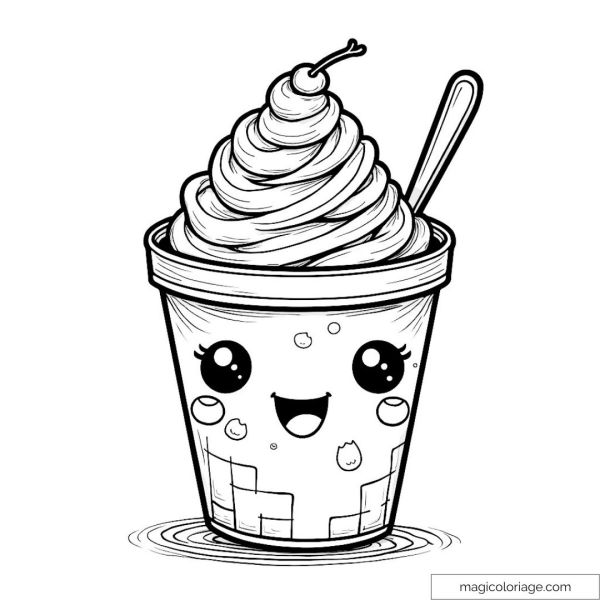 Drawing of an ice cream sundae with cute face and kawaii details.