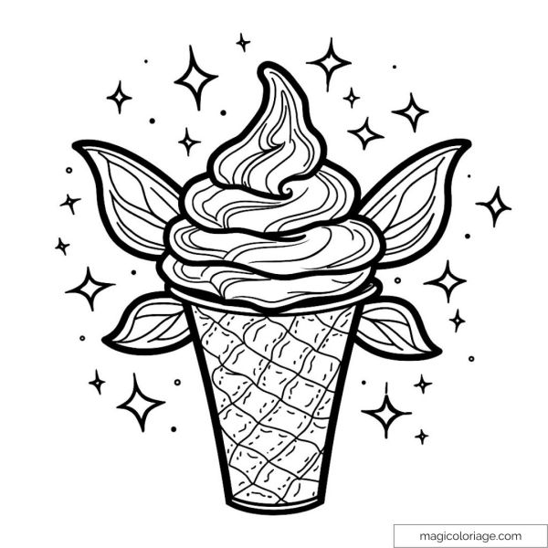Ice cream drawing with stars and leaves for creative and fun coloring.