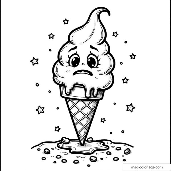 Drawing of a melting and sad ice cream with stars around it