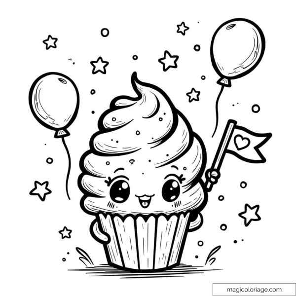 Coloring page of a happy cupcake with balloons and stars