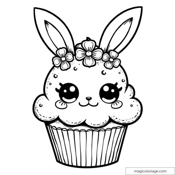 Cupcake with bunny face and flower crown to color.