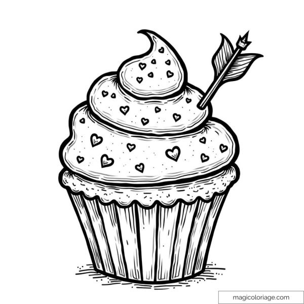 Coloring page of a cupcake decorated with hearts and Cupid's arrow