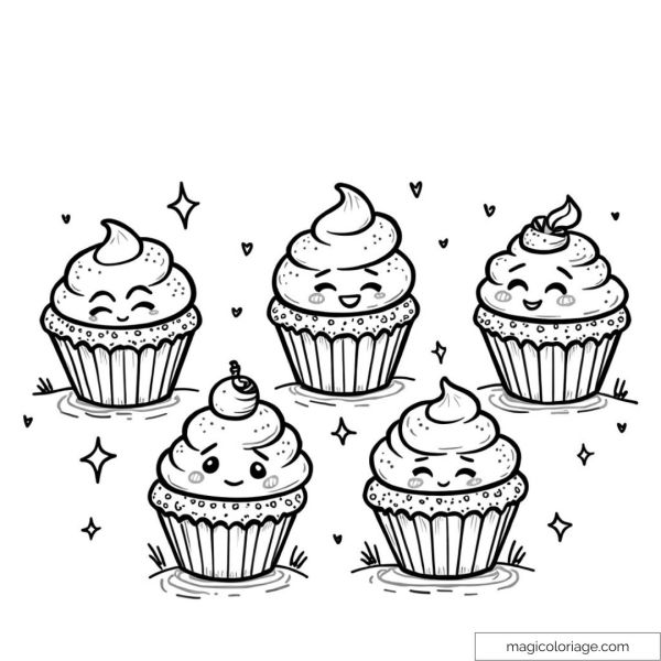 Coloring pages of cupcakes with happy expressions