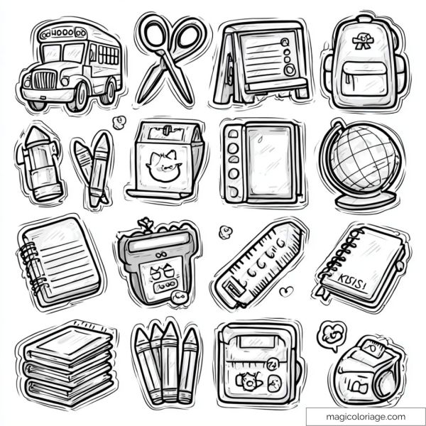 School supplies coloring page: school bus