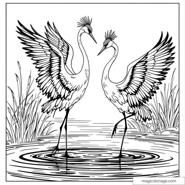 Elegant cranes dancing near the water