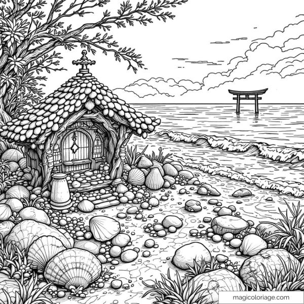 Detailed drawing of a rustic cabin near the ocean and a torii gate.