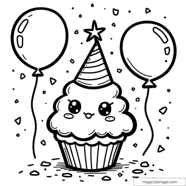 Cute cupcake with party hat between two balloons.