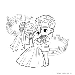 Dessin de couple chibi en tenue de mariage dansant avec des notes de musique.