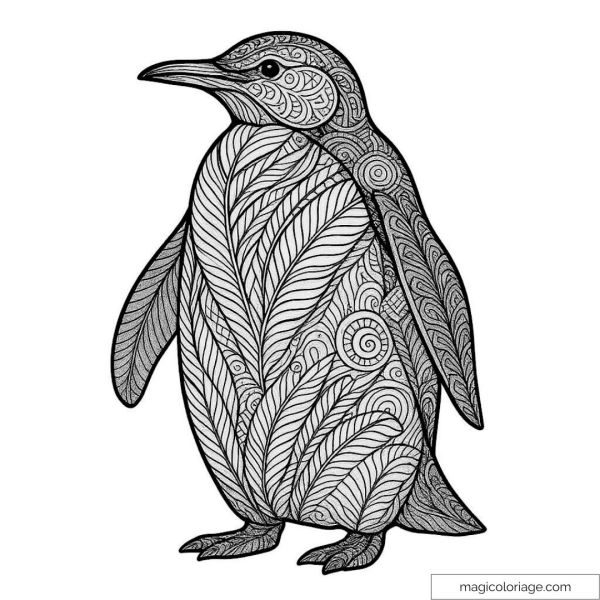 Coloring page of a detailed and relaxing penguin mandala.