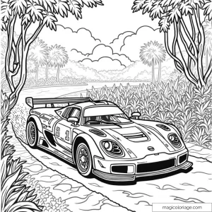 Voiture de course rapide parmi les arbres tropicaux