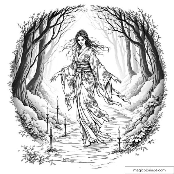 Woman in kimono in the middle of a forest with trees and candles.