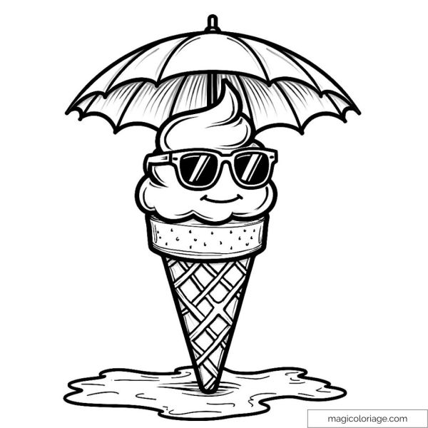 Ice cream cone with sunglasses and umbrella for coloring