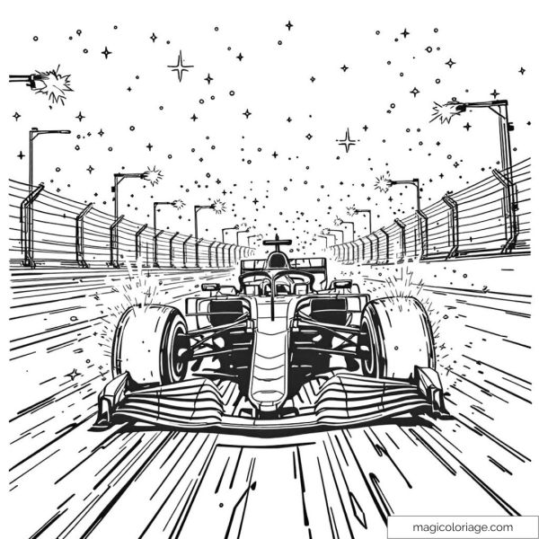 Image de voiture de course avec des étoiles et des détails de piste.