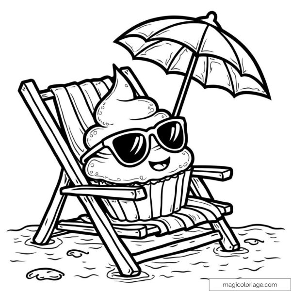 Drawing of cupcake on beach lounge chair with umbrella and sunglasses
