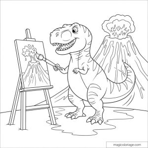 Dinosaure peint un volcan en éruption sur une toile