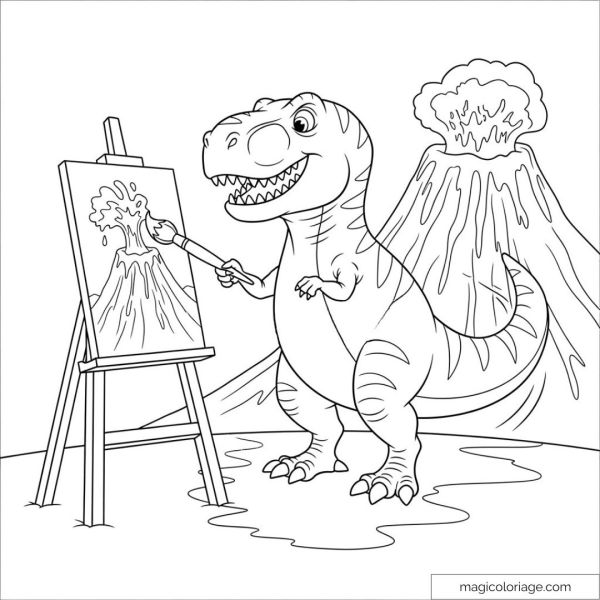 Dinosaure peint un volcan en éruption sur une toile