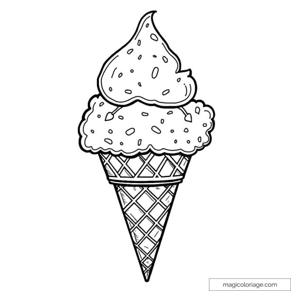 Black and white drawing of an ice cream cone with details.