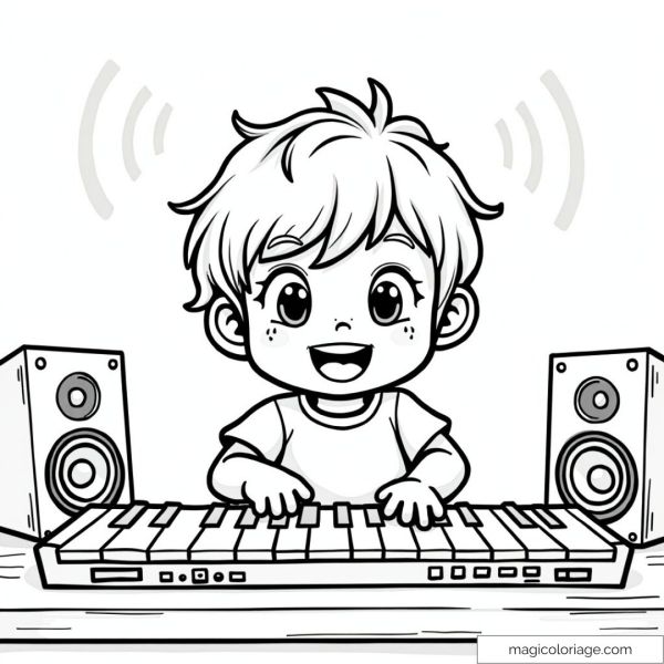 Child playing piano with musical speakers.
