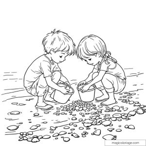 Dessin de deux enfants jouant sur la plage avec des seaux.