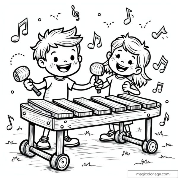 Children playing xylophone with joy and musical notes around.