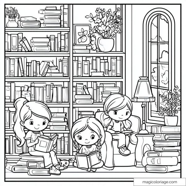 Children reading against the backdrop of a library and stacked books