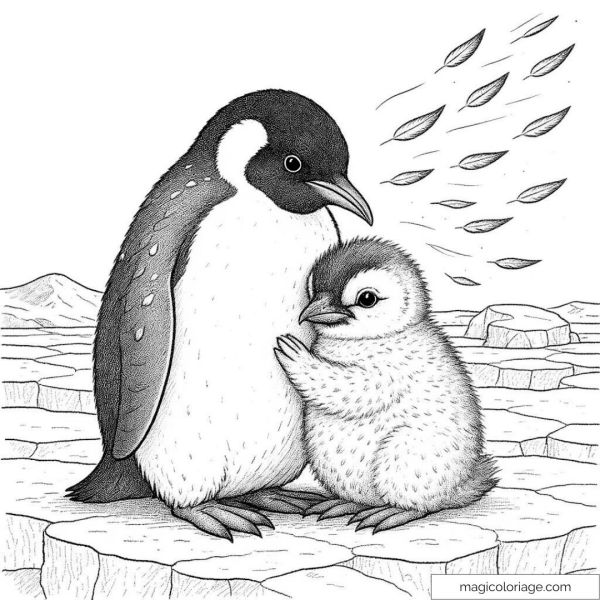 Drawing of penguins on ice floe with wind of flying leaves.