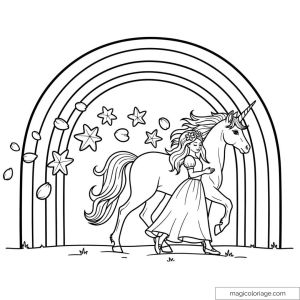 Princesse avec licorne sous arc-en-ciel et étoiles à colorier.