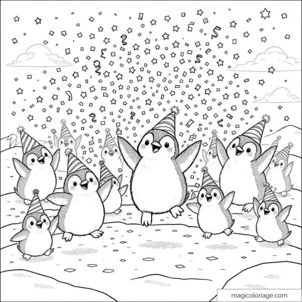 Illustration of penguins celebrating under festive confetti.