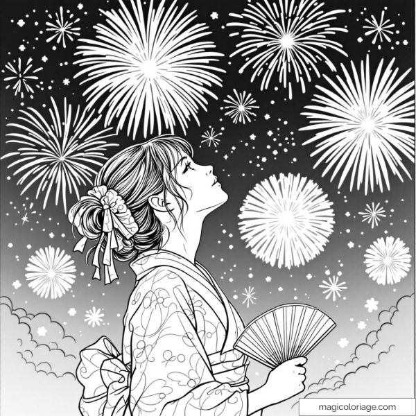 Young girl in kimono admiring nighttime fireworks.