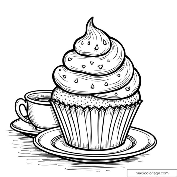 Gourmet cupcake with frosting and cup of tea to color.